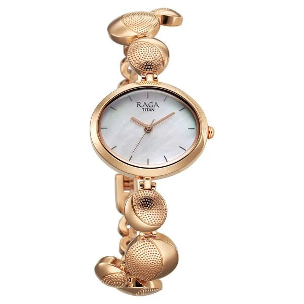 Titan Raga Power Pearls Quartz Analog Mother Of Pearl Dial Metal Strap Watch for Women