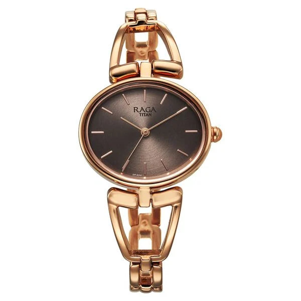 Titan Raga Ascend Quartz Analog Brown Dial With Rose Gold Color Metal Strap Watch For Women