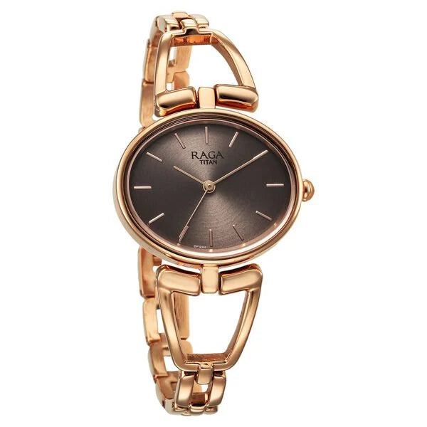 Titan Raga Ascend Quartz Analog Brown Dial With Rose Gold Color Metal Strap Watch For Women