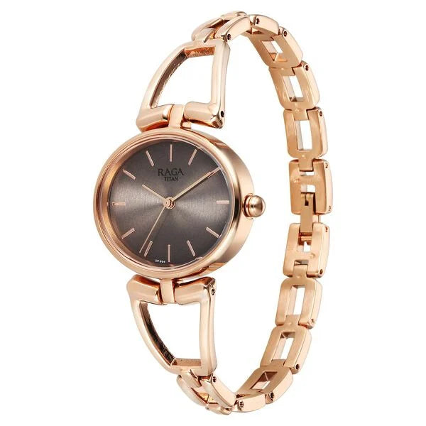 Titan Raga Ascend Quartz Analog Brown Dial With Rose Gold Color Metal Strap Watch For Women