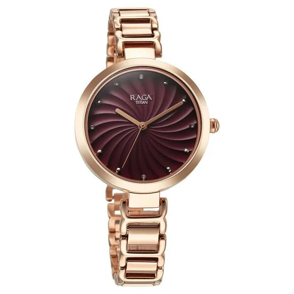Titan Raga Memoirs Quartz Analog Burgundy Dial With Rose Gold Color Metal Strap Watch For Women