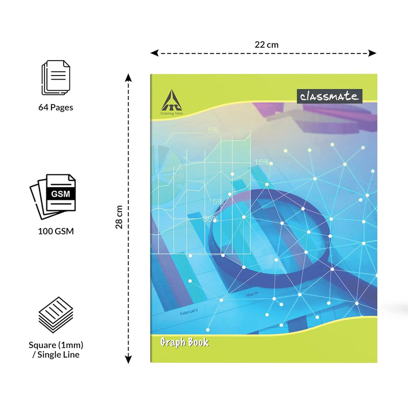 Classmate Exrecise Notebook - Graph (Square - 1 mm/Single Line) , 64 Pages, Soft Cover, 280mm x 220mm (Pack Of 18) Visit the Classmate Store