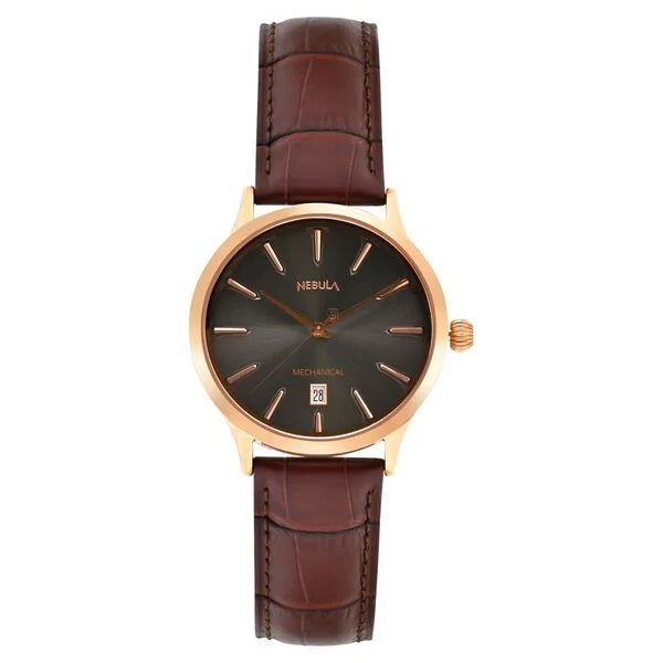 Nebula by Titan Abhiyant Hand-Wound Mechanical Analog with Date Grey Dial Leather Strap Watch for Men