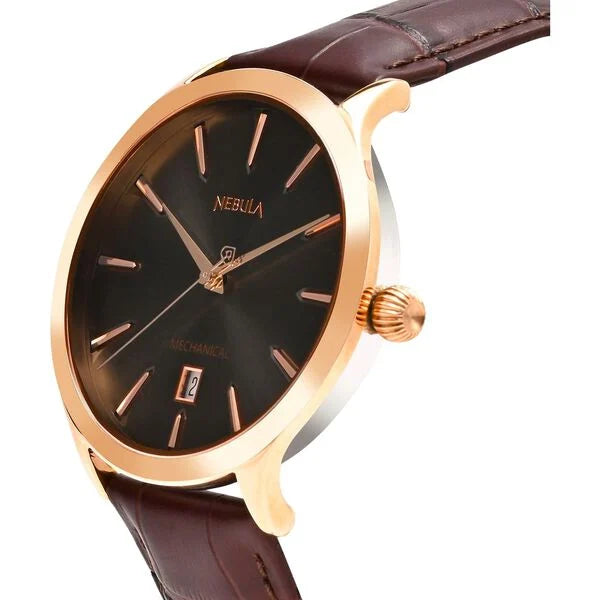 Nebula by Titan Abhiyant Hand-Wound Mechanical Analog with Date Grey Dial Leather Strap Watch for Men