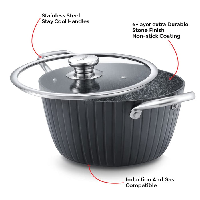 Prestige Durastone Hard Anodised 6 Layer Non-Stick Casserole with Glass Lid, (24 cm, 4 Litre) (Black)