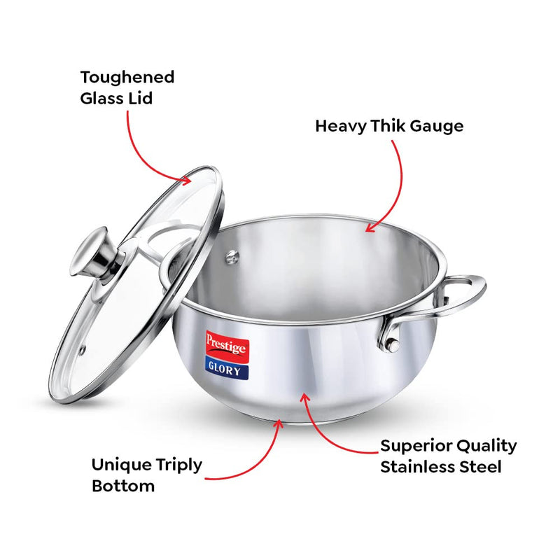 Prestige Glory Stainless Steel Cookware Kadai 22 Cm / 3.5 Liter with Glass Lid