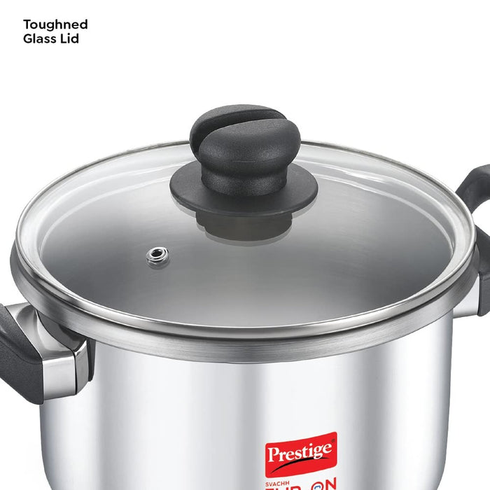 Prestige 5L Svachh FLIP-ON Stainless Steel Tri-ply bottom Pressure Cooker with glass lid, Innovative lock lid with spillage control, Gas & Induction compatible, 5 years warranty, Silver | Eachdaykart