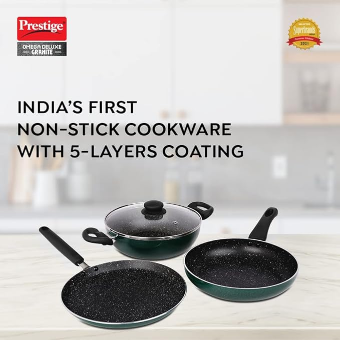 Prestige Omega Deluxe Granite Non-Stick Cookware 3 Pc Set | Omni Tawa 25 cm | Fry Pan 24 cm | Kadai with Glass Lid 24 cm | Moss Green