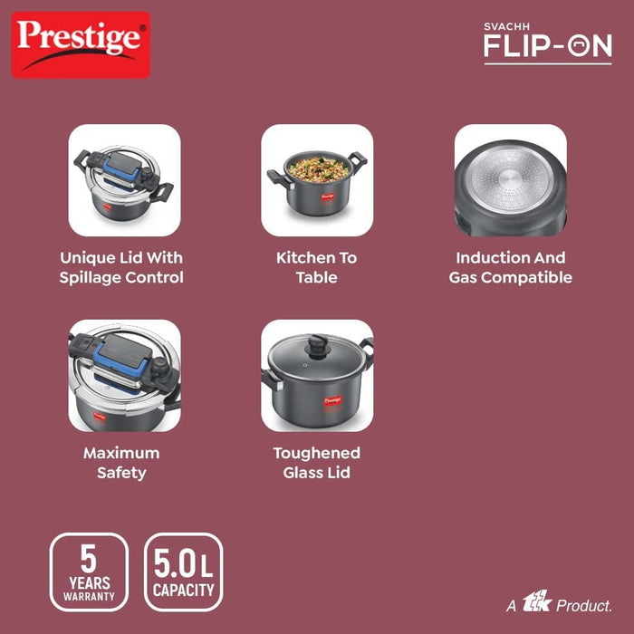 Prestige svachh flip-on hard anodised spillage control outer lid pressure cooker with glass lid 5 litre black