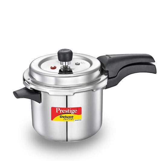 Prestige Svachh Deluxe Alpha Induction Base Outer Lid Stainless Steel Pressure Cooker | Deep Lid controls spillage | 3.5 Litres | Silver | Pressure Indicator | Straight Wall | Gasket-Release System | Eachdaykart