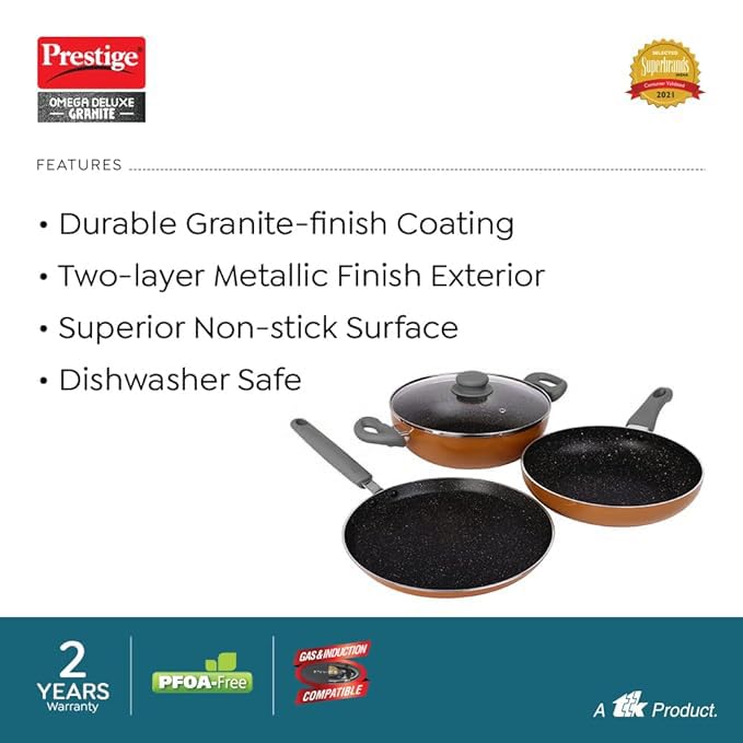 Prestige Omega Deluxe Non-Stick Cookware 3 Pc Set | Fry Pan 24 cm | Kadai with Glass Lid 24 cm | Brown