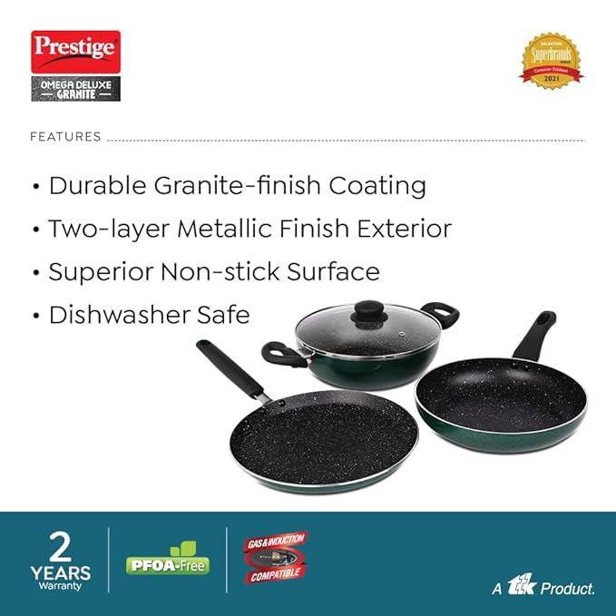 Prestige Omega Deluxe Granite Non-Stick Cookware 3 Pc Set | Omni Tawa 25 cm | Fry Pan 24 cm | Kadai with Glass Lid 24 cm | Moss Green