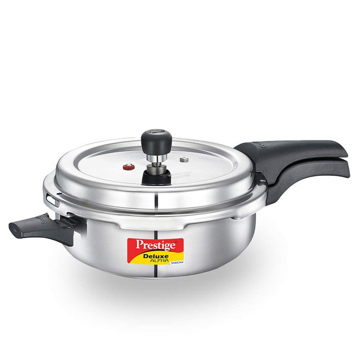 Prestige 4L Svachh Deluxe Alpha Senior Pressure Pan stainless steel|Outer lid|Ideal for 4-6 persons|Deep lid for spillage control|Gas & induction compatible|Silver|10 years warranty | Eachdaykart