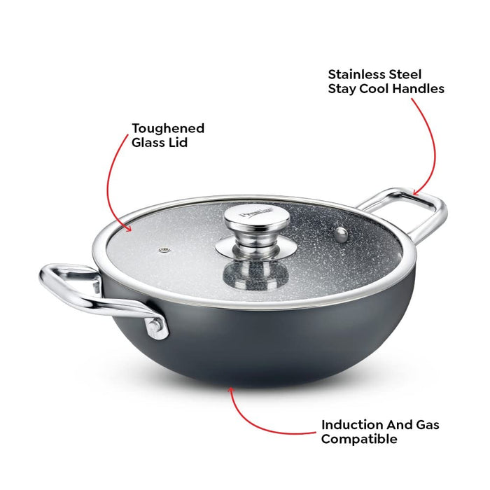 Prestige Durastone Hard Anodised 5L Non-Stick deep Kadai 30cm with Glass lid