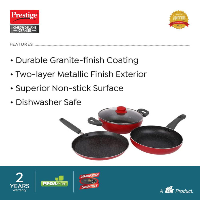 Prestige Omega Deluxe Granite Non-Stick Cookware 3 Pc Set | Omni Tawa 25 cm | Fry Pan 24 cm | Kadai with Glass Lid 24 cm | Crimson Red