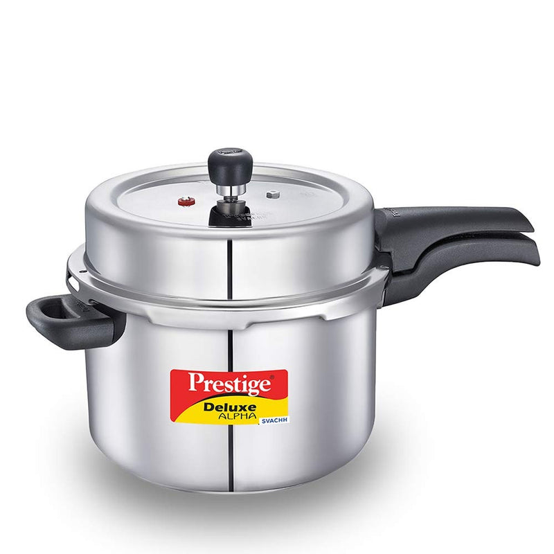 Prestige 8 litres svachh deluxe alpha induction base outer lid stainless steel pressure cooker with deep lid controls spillage silver