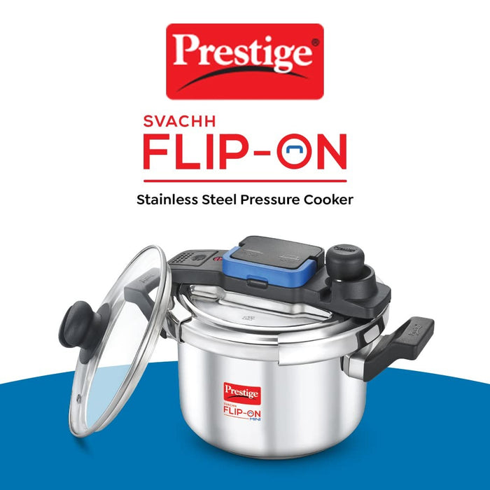 Prestige 5L Svachh FLIP-ON Stainless Steel Tri-ply bottom Pressure Cooker with glass lid, Innovative lock lid with spillage control, Gas & Induction compatible, 5 years warranty, Silver | Eachdaykart