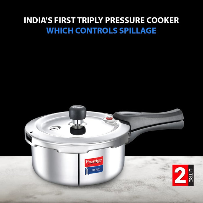 Prestige Svachh Triply Outer Lid Pressure Cooker with Unique Deep Lid for Spillage Control, 2 Litre, Silver, 304 Stainless Steel Inner Surface, Thick Gauge Aluminium