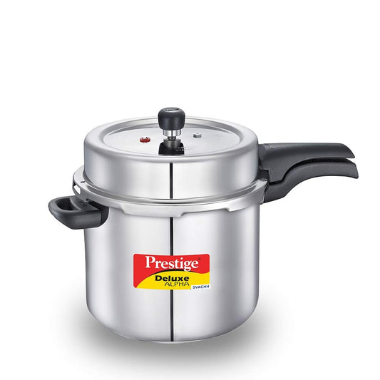 Prestige 10 Litres Svachh Deluxe Alpha Induction Base Outer Lid Stainless Steel Pressure Cooker | Deep lid controls spillage | Silver | Pressure Indicator | Controlled Gasket-release system | Eachdaykart