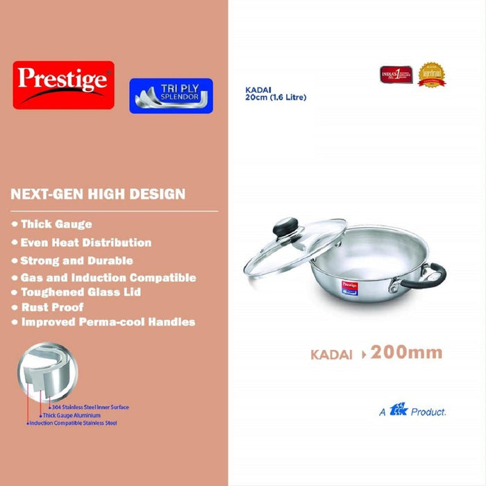 Prestige Tri-Ply Splendor Kadai with Glass Lid(20cm,1.6L Capacity)