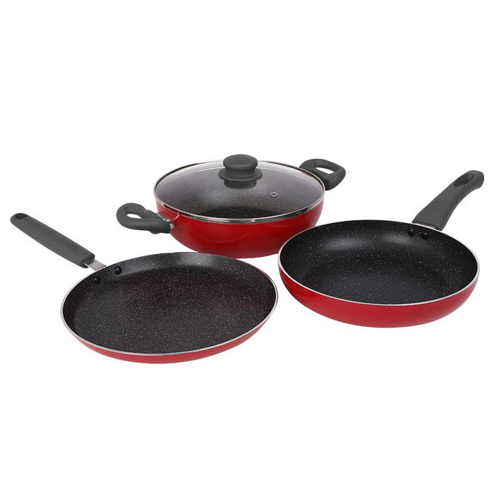 Prestige Omega Deluxe Granite Non-Stick Cookware 3 Pc Set | Omni Tawa 25 cm | Fry Pan 24 cm | Kadai with Glass Lid 24 cm | Crimson Red