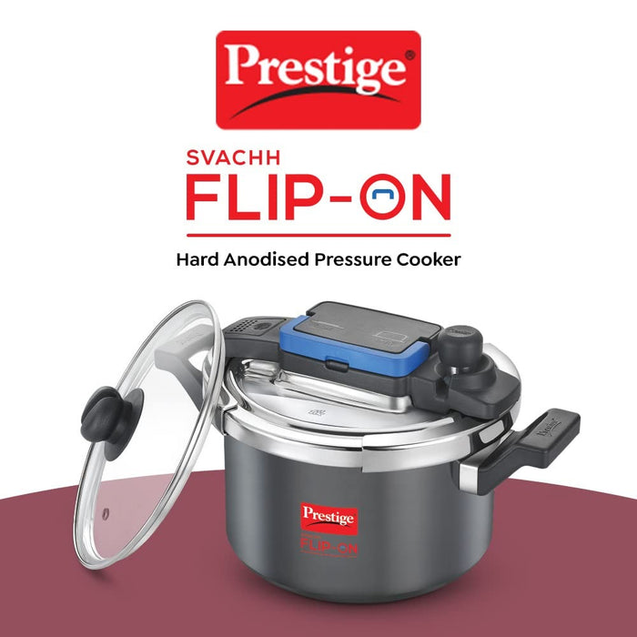 Prestige svachh flip-on hard anodised spillage control outer lid pressure cooker with glass lid 5 litre black