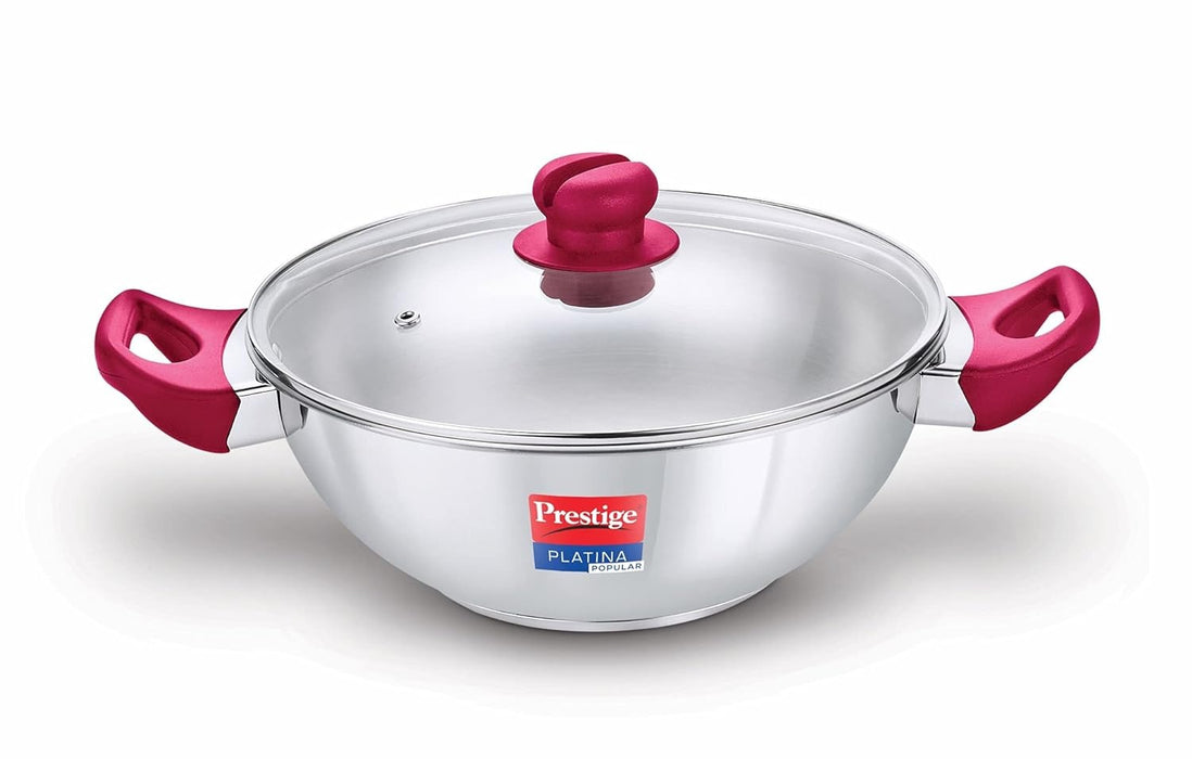 Prestige Platina Popular Stainless Steel Gas and Induction Compatible Kadai with Glass Lid, 220 mm