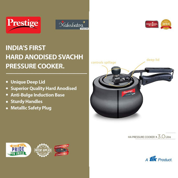 Prestige 3 Litres Nakshatra Plus Svachh Induction Base Inner Lid Hard Anodized Pressure Cooker | Black | Deep lid Spillage Control | Handi | Anti-Bulge Base | Sturdy Handle | Eachdaykart