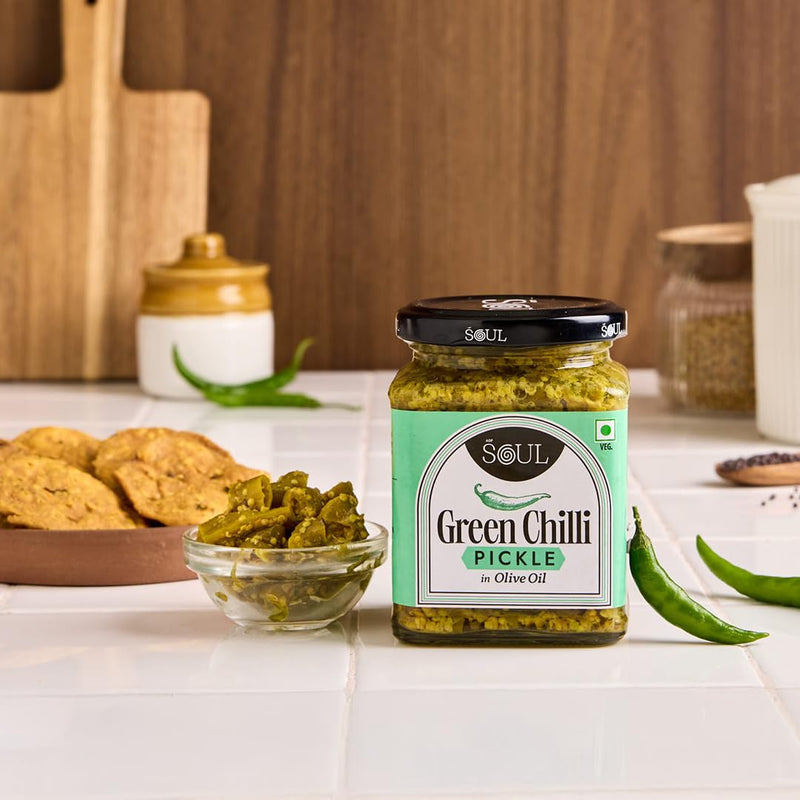 Soul Green Chilli Pickle in Olive Oil 265 Grams - A Spicy Fusion Infused with Premium Olive Oil