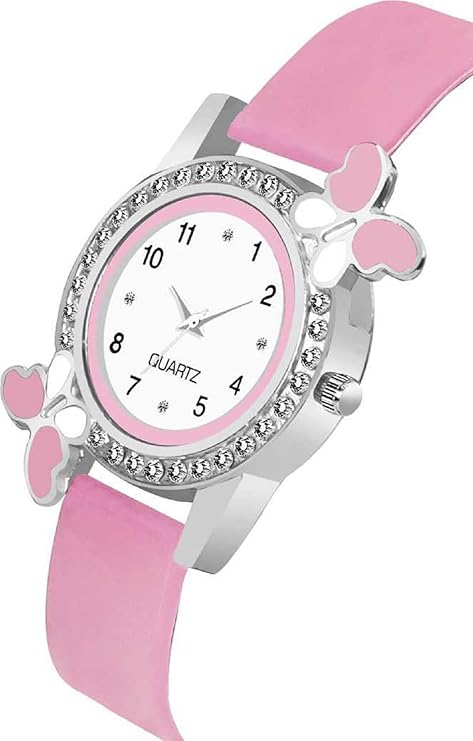 Acnos White Dial 6 Colors Diamond Analog Watch with Heart Bracelet for Girls