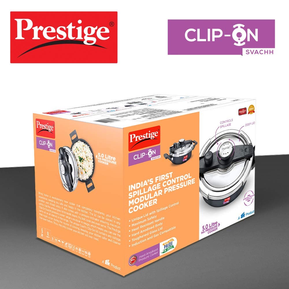 Prestige Svachh Clip-on 5 Liter Hard Anodised Outer Lid Aluminium Pressure Cooker, Black