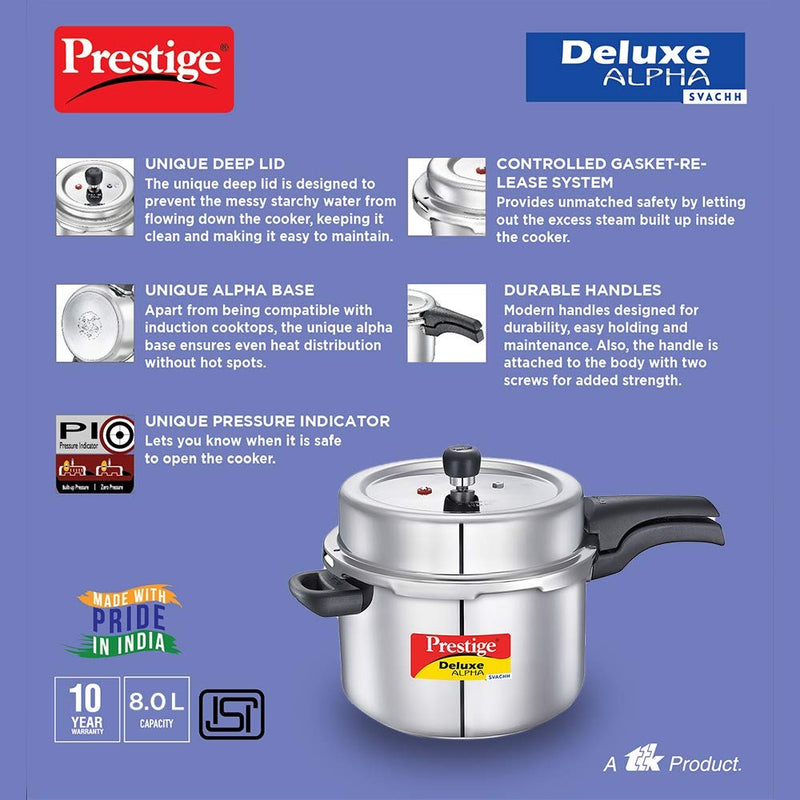 Prestige 8 litres svachh deluxe alpha induction base outer lid stainless steel pressure cooker with deep lid controls spillage silver