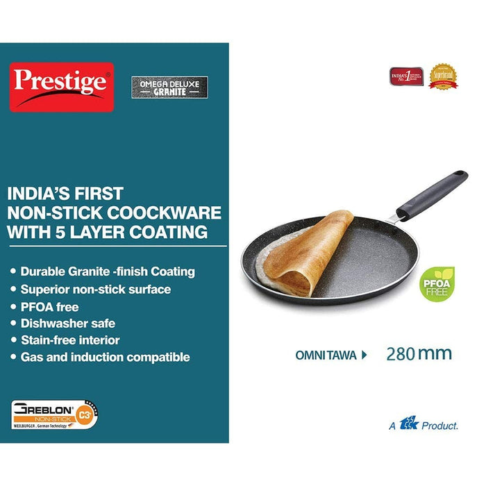 Prestige Omega Deluxe Granite Dosa Tawa, 280 mm, Black, Nonstick Aluminium