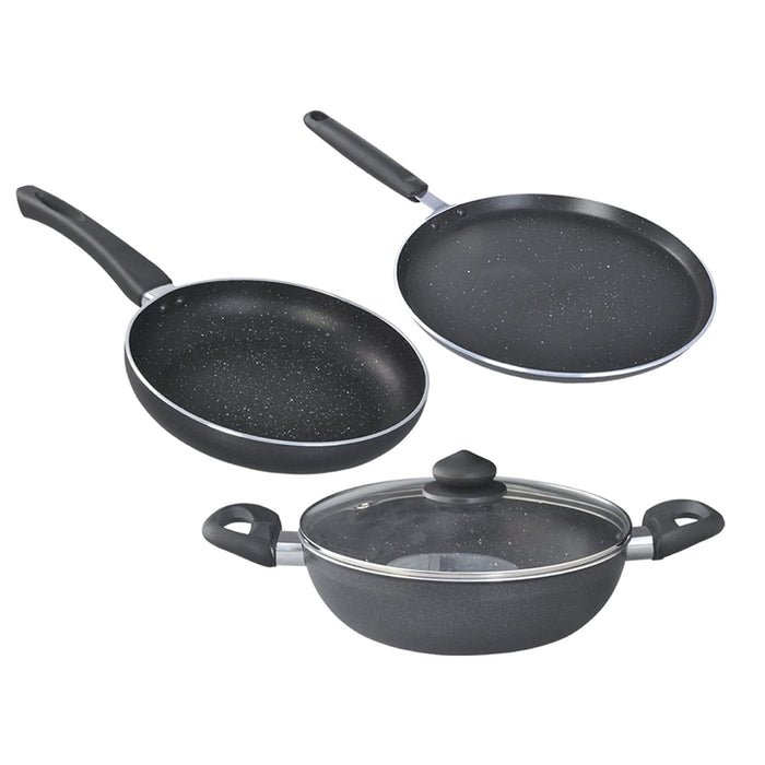 Prestige Omega Deluxe Granite Aluminium 3 Pcs Set- Tawa, Fry Pan & Kadai with 1 Glass Lid