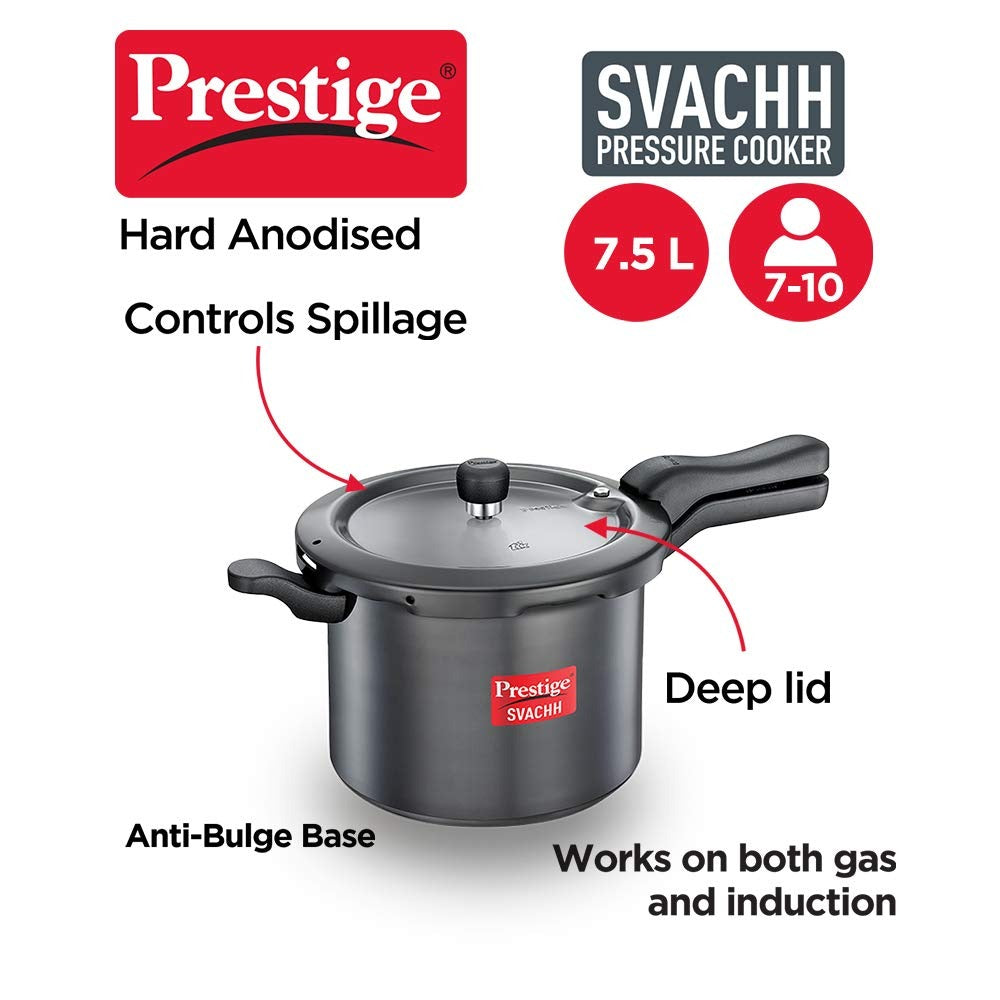 Prestige Svachh Hard Anodised Aluminium Outer Lid Pressure Cooker, 7.5 Litre, Black, 7.5 Liter | Eachdaykart