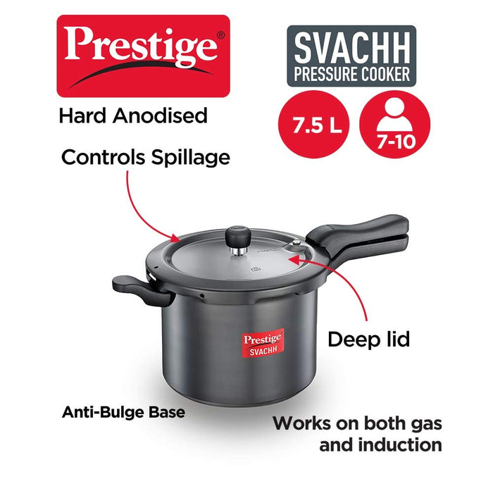 Prestige Svachh Hard Anodised Aluminium Outer Lid Pressure Cooker, 7.5 Litre, Black, 7.5 Liter | Eachdaykart