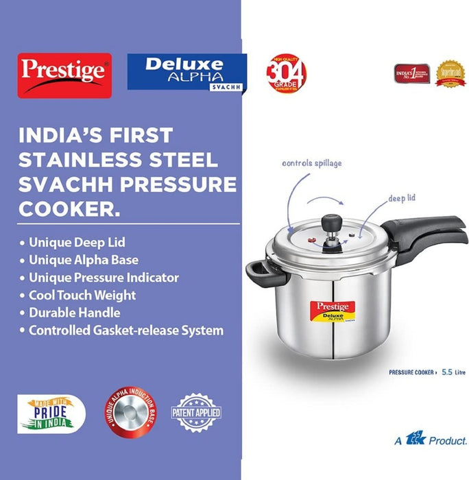 Prestige 5.5 Litres Svachh Deluxe Alpha Induction Base Outer Lid Stainless Steel Pressure Cooker