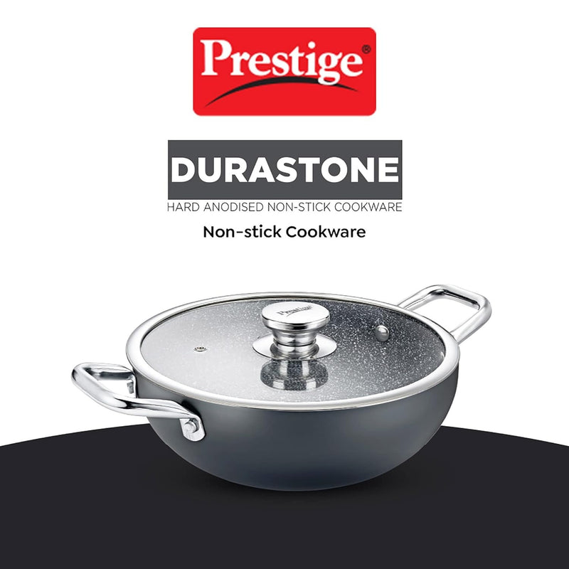 Prestige Durastone Hard Anodised Non-Stick Cookware Deep Kadai 24Cm (3 Litre) with Glass Lid,Black