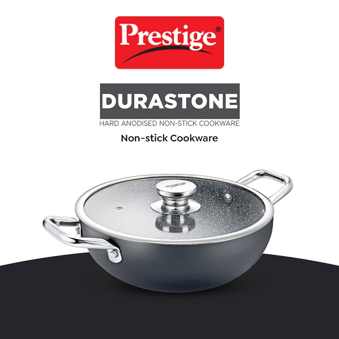 Prestige Durastone Hard Anodised Non-Stick Cookware Deep Kadai 24Cm (3 Litre) with Glass Lid,Black