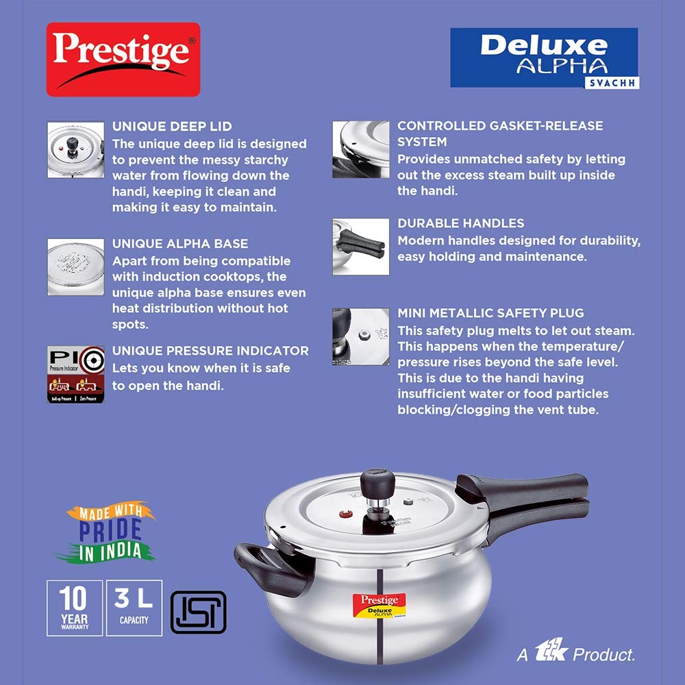 Prestige Svachh Deluxe Alpha Mini Pressure Handi, with deep lid for Spillage Control, 3 L, Stainless Steel, Silver, Outer Lid