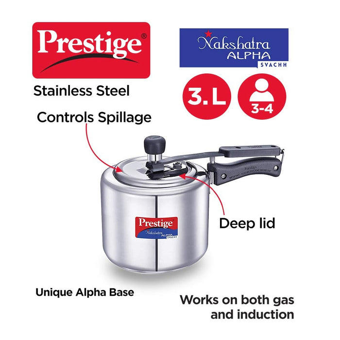 Prestige Svachh Nakshatra Alpha 3L Stainless Steel Pressure Cooker with Deep Lid