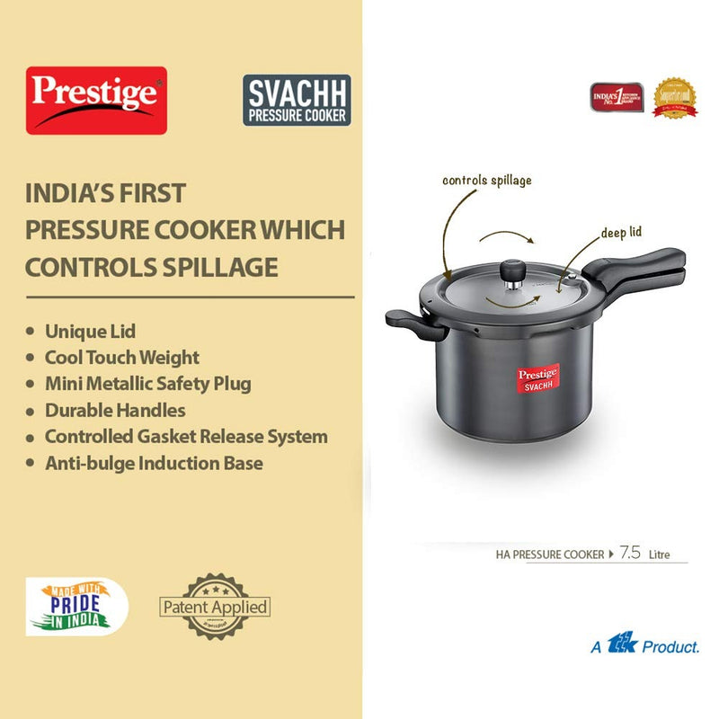 Prestige Svachh hard anodised aluminium outer lid pressure cooker 7.5 litre black