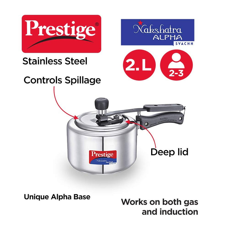 Prestige Svachh, 20244, 2 L, Nakshatra Alpha Straight Wall, with Deep Lid for Spillage Control (Silver, Inner Lid, Stainless Steel)