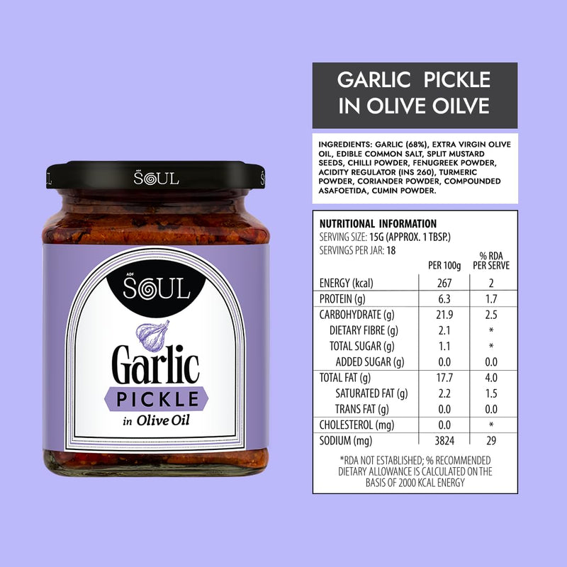Soul Garlic Pickle in Olive Oil 275 Grams - A Flavorful Blend of Garlic Infused in Premium Olive Oil