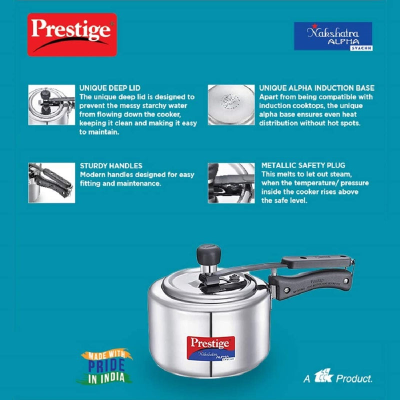 Prestige Svachh, 20244, 2 L, Nakshatra Alpha Straight Wall, with Deep Lid for Spillage Control (Silver, Inner Lid, Stainless Steel)