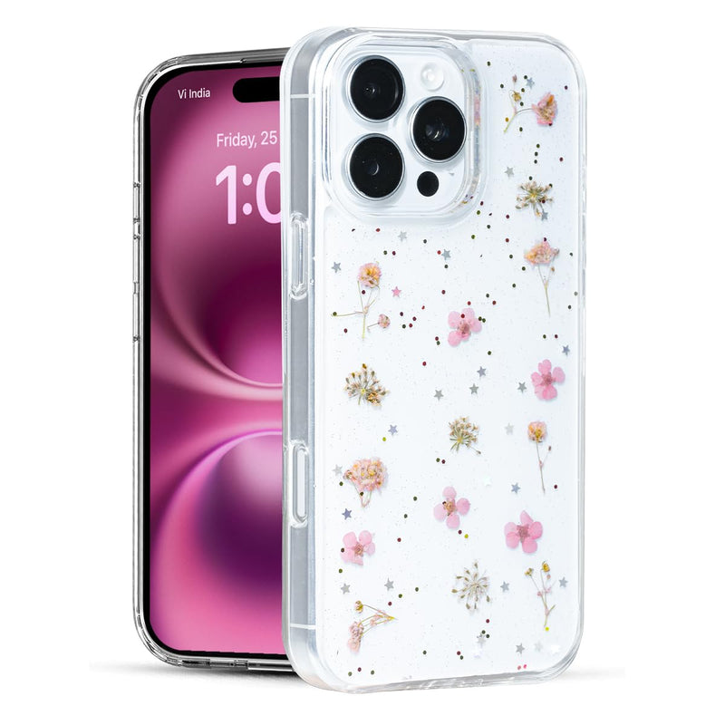 Enflamo Clear Silicone Case Glitter Little Floral Back Cover for iPhone 16 Pro | with Pressed Dry Real Flowers (Pink)
