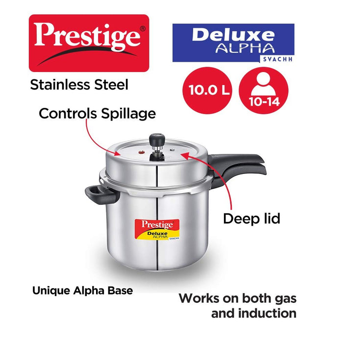 Prestige 10 litres svachh deluxe alpha induction base outer lid stainless steel pressure cooker