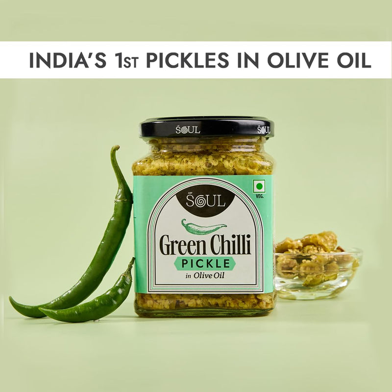 Soul Green Chilli Pickle in Olive Oil 265 Grams - A Spicy Fusion Infused with Premium Olive Oil