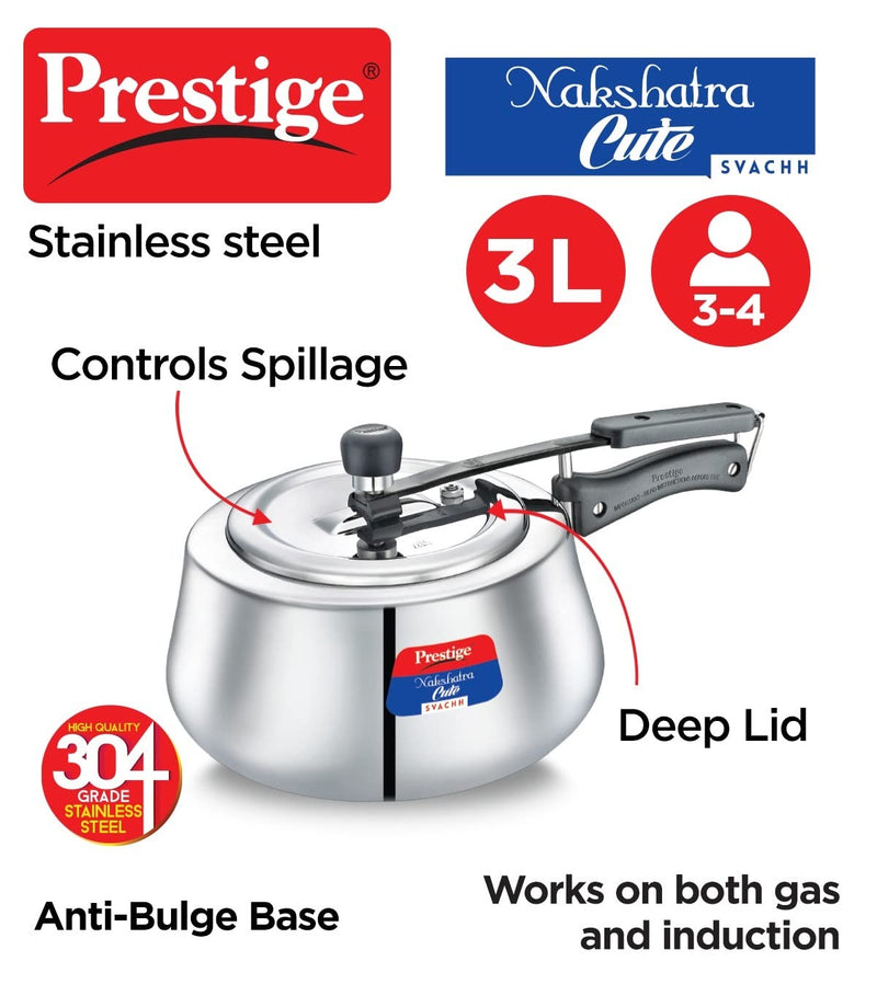 Prestige Nakshatra Cute Svachh Stainless Steel Inner Lid Pressure Cooker with Unique Deep Lid for Spillage Control 3 Litre Silver