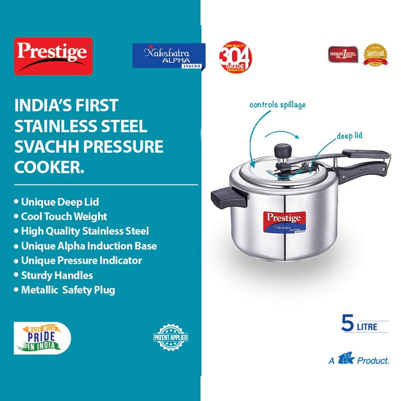 Prestige Svachh, 20246, 5 L, Nakshatra Alpha Straight Wall, with Deep Lid for Spillage Control (Inner Lid, Stainless Steel, Silver)